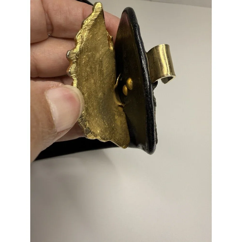 Vintage Hand Made In Italy Gold Metal Rooster Head Buckle On Black Leather Belt
